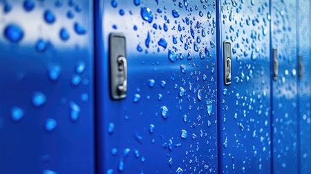 This image captures vibrant blue lockers adorned with water droplets, conveying a sense of freshness perfect for educational or gym environments.の素材