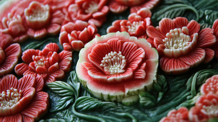 Stunning close-up of a watermelon carving, featuring exquisite flowers and lush green leaves, ideal for showcasing culinary artistry and decorative creativity in food presentation.の素材