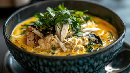 A vibrant bowl of creamy Asian noodle soup topped with fresh herbs and vegetables, offering a delicious blend of flavors and a warm, inviting presentation.の素材