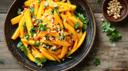 Enjoy this refreshing mango salad featuring fresh herbs and crunchy peanuts, ideal for healthy meals or summer picnics, bursting with vibrant flavors.の素材