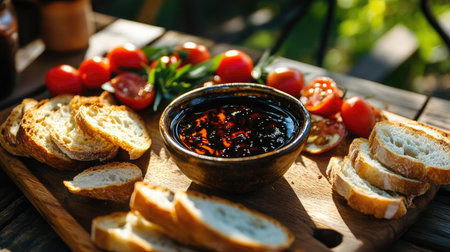 A visually appealing arrangement of freshly baked bread slices, vibrant cherry tomatoes, and rich fruit jam on a wooden platter, set against a sunlit outdoor backdrop.の素材