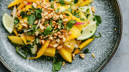 Brighten your meals with this refreshing mango salad topped with peanuts, lime, and fresh herbs, ideal for summer gatherings or healthy meal prep.の素材