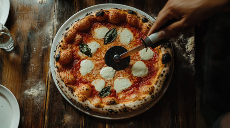 A freshly baked artisan pizza with mozzarella and basil, being sliced with a roller cutter on a wooden table dusted with flour, perfect for sharing.の素材