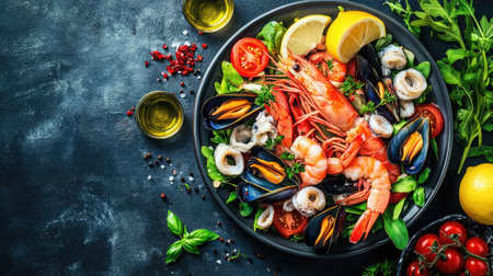 A vibrant seafood platter featuring shrimp, mussels, and squid, garnished with lemon and greens. Perfect for summer gatherings and culinary presentations.の素材