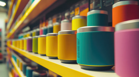 A stunning display of colorful speakers lined on a shelf in a modern retail space, representing diverse styles and appealing aesthetics for tech enthusiasts.の素材