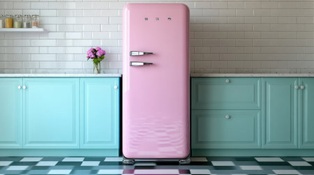 A charming vintage pink fridge stands out in a modern kitchen featuring light blue cabinets and a checkerboard floor, ideal for stylish culinary spaces and interior design inspiration.の素材