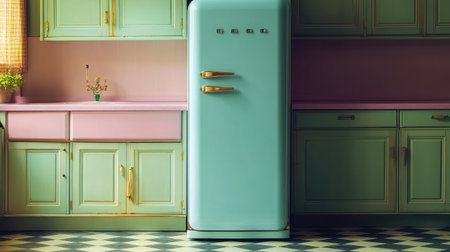This stunning vintage kitchen showcases a mint green refrigerator against pastel cabinets, complemented by warm lighting and classic checkerboard flooring, creating a charming ambiance.の素材