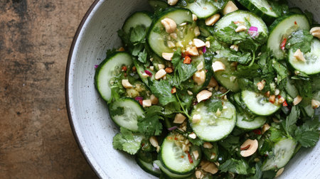 Refresh your meals with this vibrant cucumber salad, featuring fresh herbs, crunchy peanuts, and a spicy dressing, ideal for summer gatherings and healthy dining.の素材