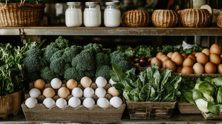A vibrant display of fresh organic produce showcasing broccoli, spinach, assorted eggs, and dairy products in a rustic market, perfect for healthy meals and culinary inspiration.の素材