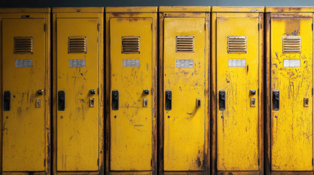 A row of vintage yellow lockers, showcasing weathered metal and worn paint, ideal for themes of education, nostalgia, and urban aesthetics in design projects.の素材
