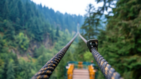 Captivating view of a high tension cable leading to a wooden platform, nestled in the heart of a dense forest, showcasing the beauty of nature and adventure.の素材