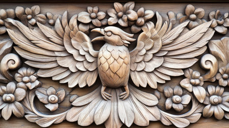 This stunning wooden carving showcases an intricately detailed bird amidst floral motifs, highlighting exquisite craftsmanship and artistic flair.の素材