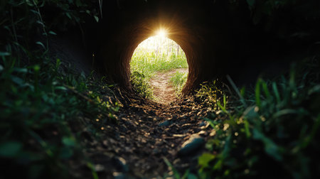 A captivating view of sunlight filtering through a circular tunnel, illuminating a path that leads to a vibrant green field, embodying tranquility and natural beauty.の素材