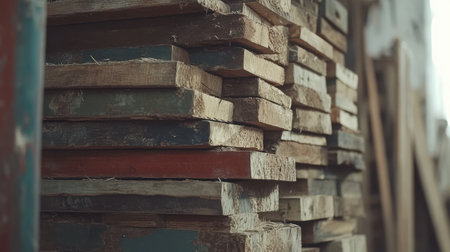 This image showcases a detailed close-up of stacked wooden planks in a workshop, emphasizing their unique textures and colors, ideal for construction or woodworking themes.の素材