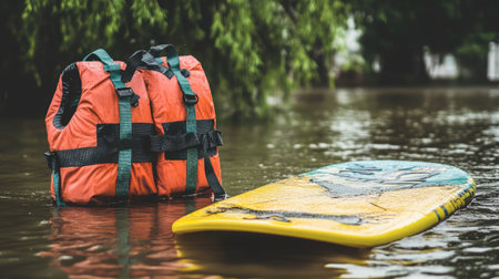 A vivid image featuring orange life jackets and a bright yellow surfboard on flooded waters, highlighting themes of safety, resilience, and adventure amid natural disasters.の素材