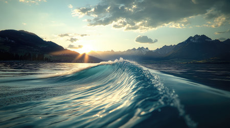 A stunning view of a wave gracefully rolling towards shore, illuminated by the warm colors of sunset, with majestic mountains providing a serene backdrop in a coastal landscape.の素材