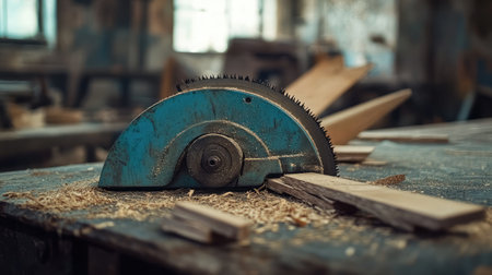 A detailed view of a vintage circular saw on a workshop table filled with wood shavings, capturing the essence of traditional woodworking and craftsmanship in a nostalgic carpentry environment.の素材