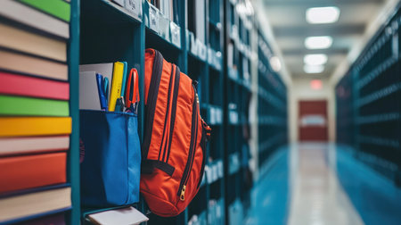 A colorful backpack hangs on a shelf filled with stationery items, enhancing the learning atmosphere in a modern educational setting with bright colors and organization.の素材