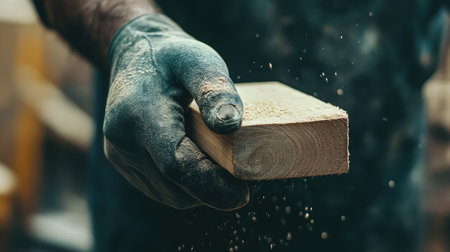 A craftsman presents a finely sanded wooden block, surrounded by a fine dust atmosphere, capturing the essence of woodworking skill and attention to detail.の素材