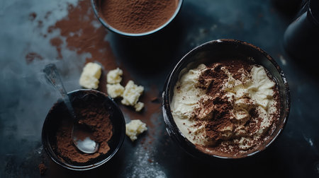 A delectable creamy dessert topped with cocoa powder and crumbled cookies, captured on a dark surface, showcasing textures perfect for food styling and culinary art.の素材