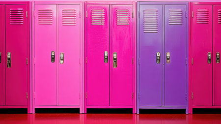 A striking array of pink and purple lockers creates a lively backdrop, enhancing the energetic atmosphere of a school environment filled with creativity and youth.の素材