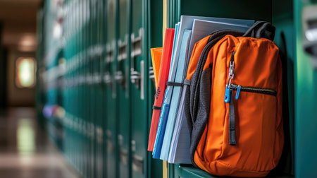 A bright orange backpack rests against a school locker, surrounded by colorful folders and papers, symbolizing preparation and excitement for a new academic year.の素材