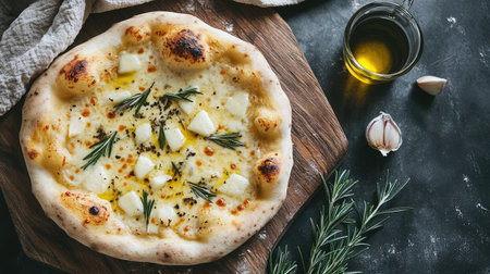 A freshly baked cheese pizza garnished with garlic and rosemary, resting on a rustic wooden board, highlighting the rich flavors and inviting textures ideal for culinary enthusiasts.の素材