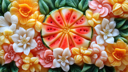 An exquisite display of fruit and flower carvings featuring a beautifully designed watermelon surrounded by vibrant floral arrangements, perfect for culinary inspiration.の素材