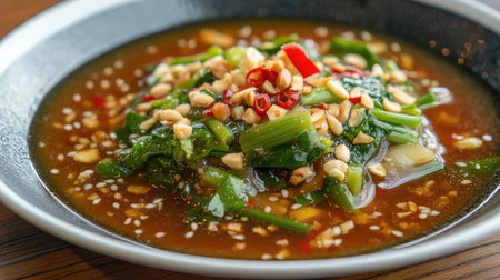 A vibrant vegetable soup featuring fresh greens, crunchy peanuts, and spices, beautifully presented in a stylish bowl, perfect for a healthy meal or appetizer.の素材