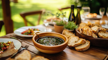 A vibrant display of a flavorful herb dip in a rustic bowl, surrounded by freshly baked artisan bread and colorful salads, perfect for outdoor dining.の素材