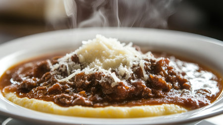 Indulge in a steaming bowl of chili served over creamy grits, generously topped with shredded cheese. Perfect for a cozy meal in any setting. Ideal comfort food.の素材