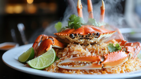 A stunning crab dish served on aromatic rice, garnished with lime and fresh herbs, showcasing vibrant colors and delicious flavors for culinary enthusiasts.の素材