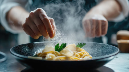 A skilled chef adds a finishing touch of seasoning to a beautifully plated pasta dish, showcasing culinary expertise and the art of gourmet cooking in a stylish kitchen setting.の素材