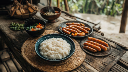 Enjoy a delightful spread of traditional Asian dishes featuring aromatic rice, savory sausages, and vibrant vegetables, beautifully arranged on a rustic table in a natural setting.の素材