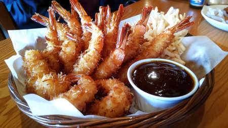 A mouthwatering platter of crispy breaded shrimp served with a rich dipping sauce, accompanied by a side of golden fries, perfect for any seafood lover's enjoyment.の素材