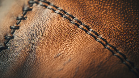 A detailed close-up of a rich brown leather surface, featuring intricate stitching and a smooth texture, showcasing craftsmanship and material quality for design inspiration.の素材