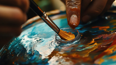 An artist's hand gracefully dips a brush into a colorful palette, showcasing the vibrant mixture of hues and the intimate process of painting and creativity.の素材
