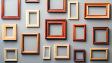 A diverse collection of wooden photo frames displayed against a neutral background, perfect for showcasing art or personal photos in a creative and stylish way.の素材