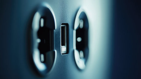 A detailed close-up of a modern electrical outlet featuring USB ports, showcasing the integration of technology in contemporary home environments and interior design.の素材