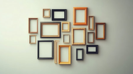 An array of empty picture frames in various styles and colors arranged on a neutral wall, perfect for inspiring creative decor ideas in homes or galleries.の素材