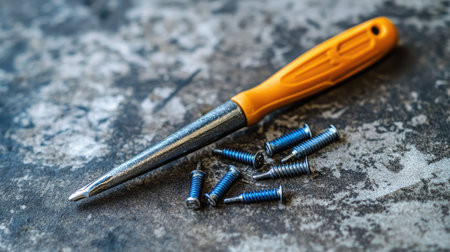 This close-up image features a flathead screwdriver alongside scattered metal screws on a textured surface, perfect for illustrating tools, DIY projects, and repair tasks.の素材