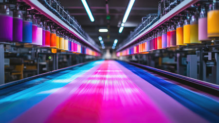 This image features a modern textile manufacturing line, showcasing a spectrum of vibrant threads and advanced machinery, highlighting the artistry and technology in production.の素材
