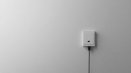A clean and minimalist wall socket with a cable against a light gray background, perfect for showcasing modern electrical devices and sleek interior design ideas.の素材