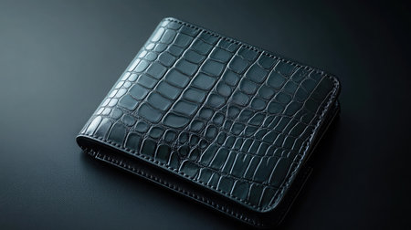 A sophisticated black crocodile leather wallet resting on a smooth dark surface, highlighting its elegant texture and premium craftsmanship ideal for modern fashion accessories.の素材