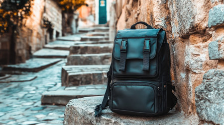 A sleek black backpack sits against rustic stone steps in a charming cobblestone alley, capturing the essence of travel and exploration in a picturesque outdoor setting.の素材