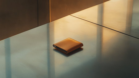A sophisticated brown wallet rests on a smooth tabletop, illuminated by soft light, creating a serene ambiance that highlights its elegant design and minimalistic appeal.の素材