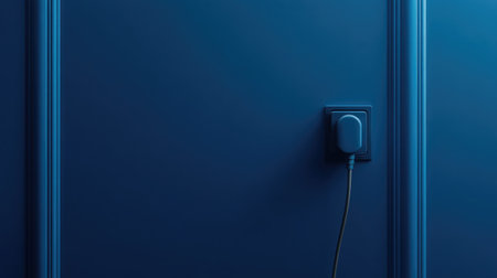 A minimalistic interior image showing a power outlet on a dark blue wall with a single black cable, highlighting simplicity and modern design in a home setting.の素材