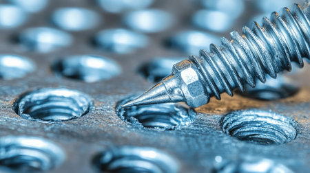 This close-up image captures a metal screw poised above a metallic surface with circular holes, showcasing intricate details of industrial machinery and manufacturing processes.の素材