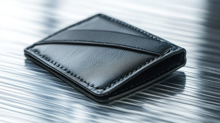 A stylish black wallet made from high-quality leather rests on a sleek silver surface, highlighting its modern design and compactness, perfect for everyday use.の素材
