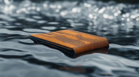 An orange textured object drifts gently on a reflective water surface, creating a calm and enchanting scene that emphasizes beauty and tranquility in nature.の素材